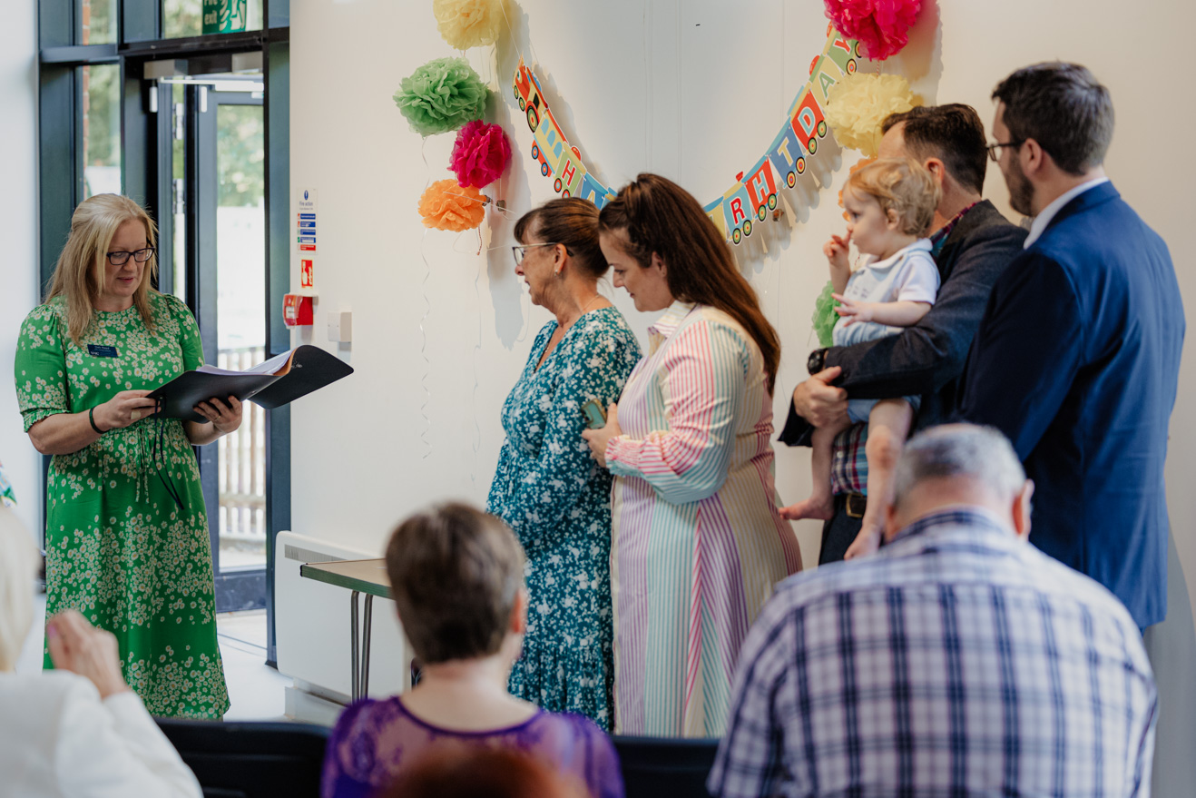 Deb Reed Celebrant Colchester Essex, officiating at the naming ceremony of Sebastian.