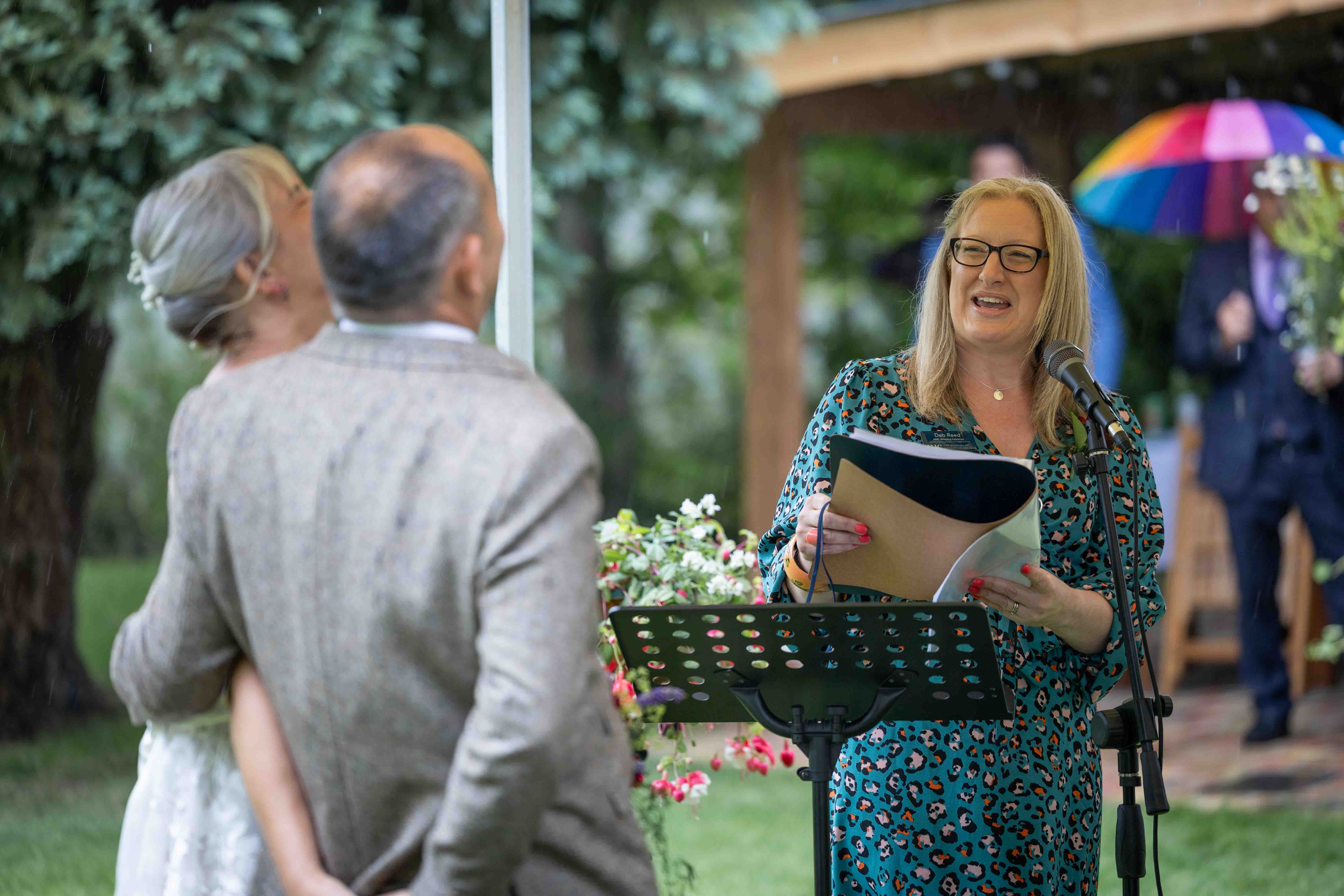 Deb Reed Celebrant Colchester Essex, making Gary and Annette laugh at Gary and Annette's wedding.